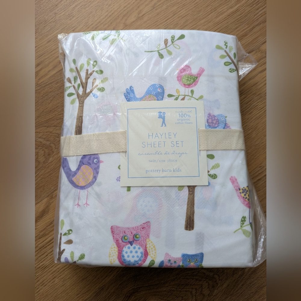Pottery Barn Kids Hayley Organic Cotton Twin Sheet Set Birdies & Owls NWT
